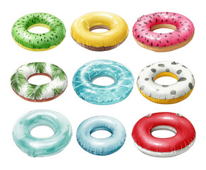 Collection of nine colorful inflatable swimming rings and pool floats with various patterns and textures, isolated on a transparent background, perfect for summer fun and water activities