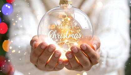 Hands holding transparent snow globe ornament with “Merry Christmas” text, warm bokeh festive background.