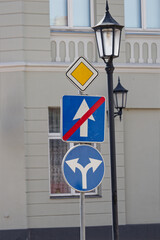 European Priority Road Sign with End of One Way and Mandatory Left or Right Turn