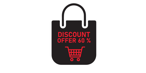 A black shopping bag with red text advertising a discount offer and a red shopping cart icon below.