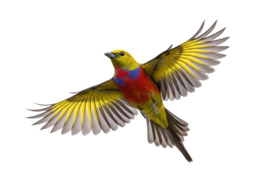 Isolated adult male Painted Bunting in flight, close-up of colorful passerine bird spreading wings