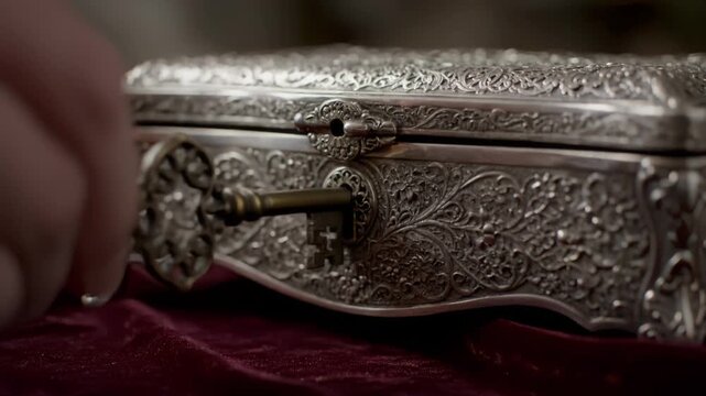 Elegant Hand Inserts Ornate Brass Key into Silver Jewelry Box