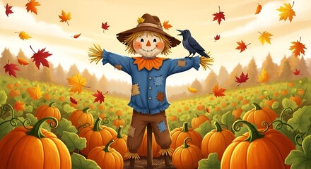 Cartoon scarecrow in pumpkin patch with crow and falling autumn leaves on a bright fall day scene