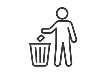 Thin line icon of person disposing trash in bin, minimalistic outline vector illustration of waste management, linear stroke design with transparent background, cleanliness concept