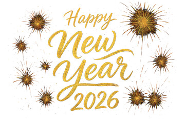 Happy New Year 2026 greeting. Golden calligraphic lettering with brush paint texture. Vector illustration for New Year's Eve celebration with shiny gold fireworks background.