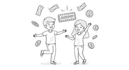 Outline illustration of happy couple winning a jackpot with falling money and coins sketch style