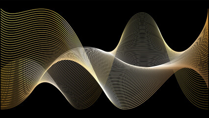 Gold waves with glitter vector pattern. Music elegant effect curves and stripes. Shiny silk texture on dark backdrop. 3d swoosh vip graphic element. Yellow luxury award decoration.