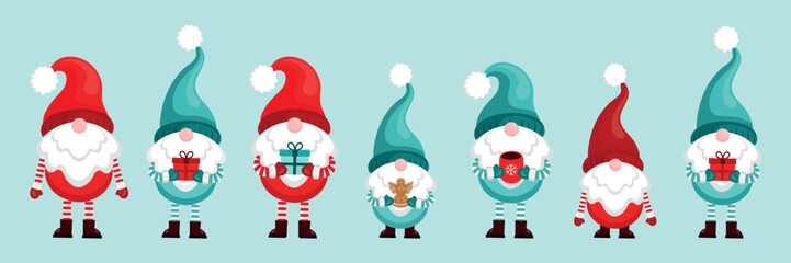 Collection of Christmas gnomes on blue background.Red and blue Chritmas gnomes with different hats holding gifts, cookies and cup of tea. Cute Christmas and New year characters.Vector design elements.