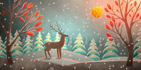 Winter forest with deer and snow falling under orange sun creating peaceful holiday lifestyle scene for Christmas celebration