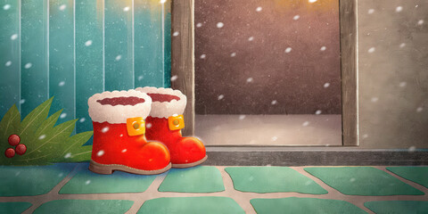 Christmas holiday lifestyle concept with red winter boots near door and snowflakes falling outside on cold winter day