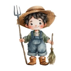 Charming watercolor illustration of a young farmer boy with pitchfork and broom isolated on white background