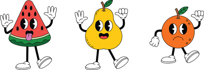 Naklejka premium Groovy cartoon fruit characters bursting with vintage charm and playful personalities for a fun, retro vibe, perfect for whimsical designs and vibrant projects
