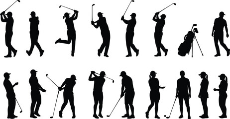 Golf silhouettes, swing poses, golf club action, standing golfers, sports movement, golfing stances, golf bag, outdoor activity, athletic motion, leisure sport
