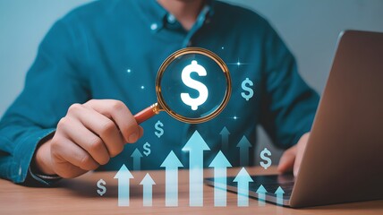 Increase revenue concept. Sales growth and business development. Businessman checking financial data on screen.