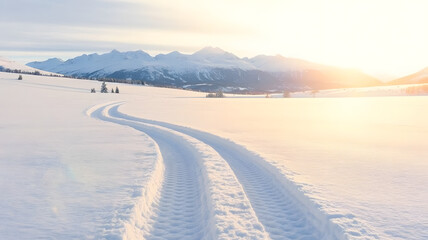 Scenic winter landscape with snowmobile tracks leading towards distant mountains under a bright sunny sky, perfect for travel