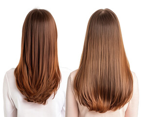 Split image showing two women from behind with long brown hair, one with dry, frizzy hair and the other with healthy, shiny hair, isolated on transparent background