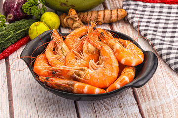 Tasty hot big boiled prawns