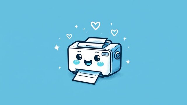 Animated smiling printer with paper output on a simple blue background