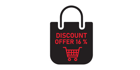 A black shopping bag graphic displays a red discount offer of 15 percent and a shopping cart icon, symbolizing a sale.