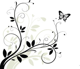 A butterfly flying near a floral vine illustration
