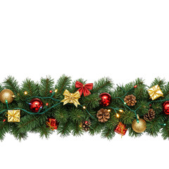 Festive christmas garland with ornaments lights pinecones and bows for holiday decoration isolated on transparent background