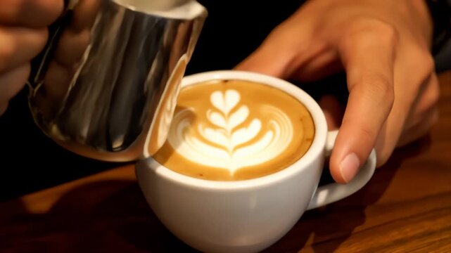 Expert Barista Hand Creating Delicate Leaf Latte Pattern On Coffee