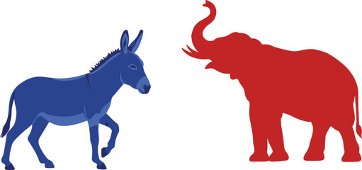 Democrat donkey, Republican elephant, political animals, USA politics, election debate, bipartisan conflict, red blue symbolism, party icons, American democracy, illustration