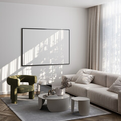 Fototapeta na wymiar Modern Living Room Poster Frame Mockup with Natural Light and Minimalist Decoration. 3D render.