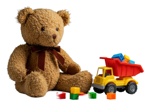 Aged, matted brown teddy bear and yellow plastic dump truck spilling vibrant building blocks on a transparent studio surface with bokeh, concept of playful nostalgia