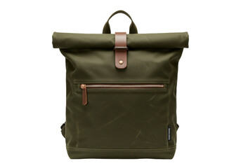 Isolated casual military green backpack with brown leather accents, studio product photography