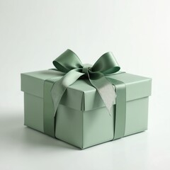 Obraz premium Sage green gift box tied with ribbon on white. Modern present for holiday. Stylish box perfect for xmas gift or birthday. Luxury package with festive bow isolated for special occasion.