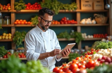 Chef uses digital tablet in food market. Man in uniform orders fresh produce. Modern culinary artist shops organic ingredients. Smart restaurant owner manages business with application. Food supply