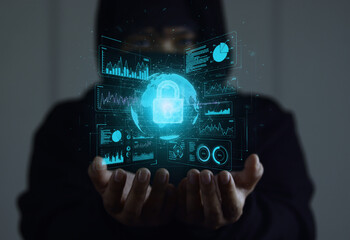 Anonymous hacker in a black hoodie holding a futuristic holographic interface with a glowing padlock on a global network, symbolizing cybersecurity and data protection.