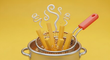 French fries in hot oil on yellow background