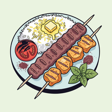 Iranian Kabob Plate with Rice, Tomato and Basil