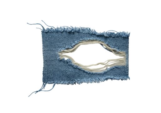 Extreme close-up macro of light blue denim fabric swatch tearing, revealing intricate twill weave, indigo warp threads, frayed cotton fibers, with sharp raking light on clean transparent background.