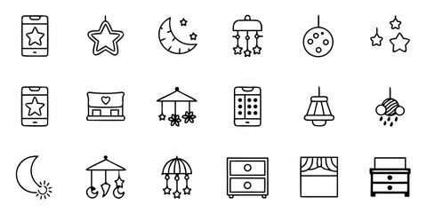 Create a charming nursery design with these whimsical hand-drawn baby icons featuring stars, moons, cribs, and mobiles perfect for baby shower invitations and birth announcements