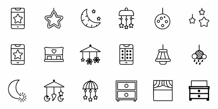 Create a charming nursery design with these whimsical hand-drawn baby icons featuring stars, moons, cribs, and mobiles perfect for baby shower invitations and birth announcements