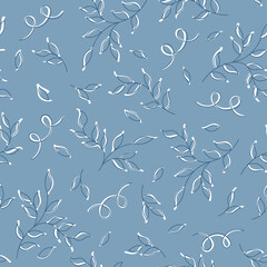 Seamless Minimal Blue and White Botanical Pattern with Leaves and Swirls