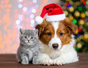 Generated image Adorable kitten and puppy together with a Santa Claus hat at Christmas - wishing you merry christmas