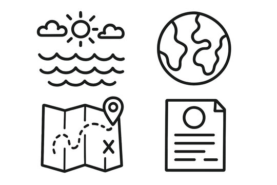 Hand-drawn vector doodle icons of map, oceans, land, destination, travel information, holidays, vacations, location marker, world globe, and travel planning concept illustrations - Powered by Adobe