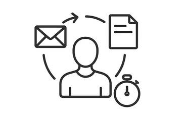 Efficient workflow concept with person, email, document, and stopwatch icon. Minimal trendy thin line vector illustration for productivity, time management, communication, and task organization.