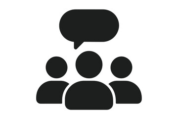 Trendy flat glyph icon of three people with speech bubble, teamwork concept, business meeting, group discussion, communication, collaboration, conversation vector illustration