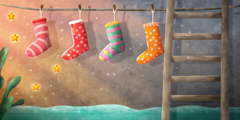 Christmas stocking holiday lifestyle decoration with colorful socks hanging on rope near wooden ladder and glowing star lights