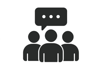 Trendy flat vector icon with 3 people and speech bubble, teamwork concept, business meeting, discussion, conversation, group collaboration symbol, communication illustration