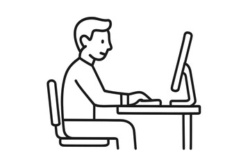 Vector trendy thin line icon of a man working at a desk on a computer, modern office workspace illustration with transparent background, professional technology concept