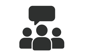 Trendy flat glyph icon of three people with speech bubble, teamwork collaboration, business meeting discussion, group conversation, communication concept vector illustration