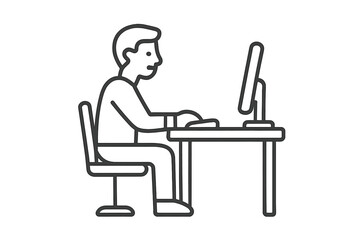 Trendy thin line vector icon of a man sitting at desk using computer, office work, business professional, remote work illustration, transparent background, minimalist design