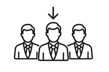 Trendy thin line icon of three business men with arrow pointing at one, symbolizing job recruitment, success, professional opportunity, candidate selection, career growth