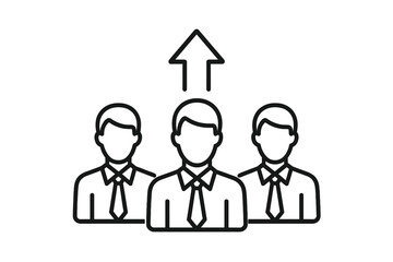 Vector thin line icon with three business men and an upward arrow highlighting one, symbolizing job recruitment, career success, professional opportunity, and leadership selection concepts